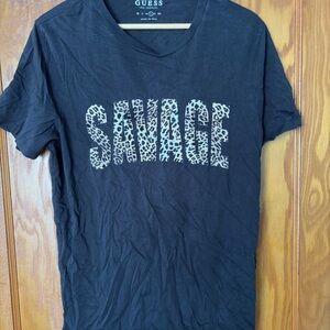 Guess Black Short Sleeve Tee with Leopard Print